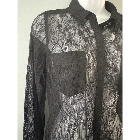 Guess Black Lace Top Size S Sheer Goth Vampire Witchy Whimsigoth Button Up - Picture 3 of 16